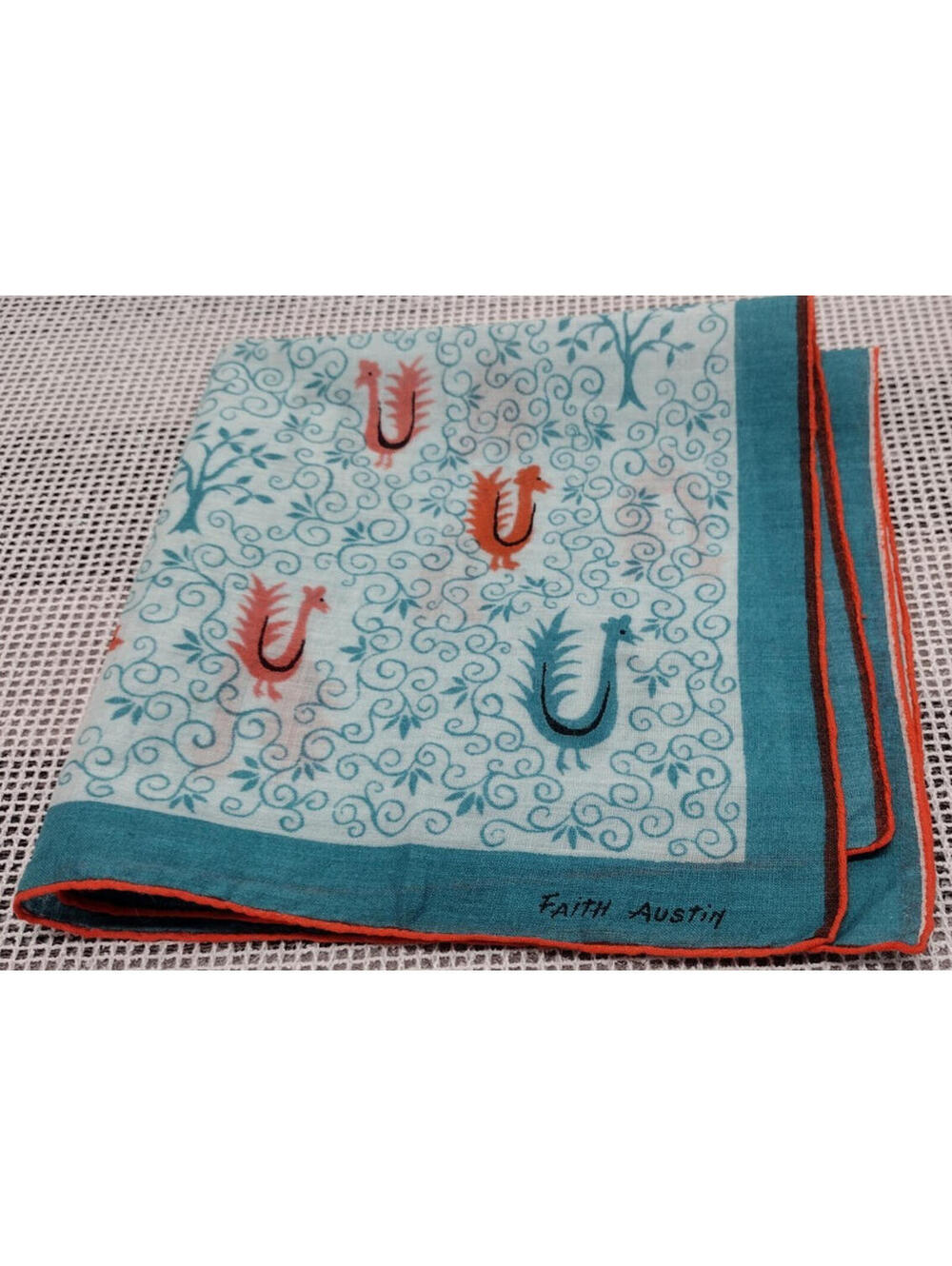 1950s Hankie FAITH AUSTIN Mid Century Colors Birds Peacock Rooster Rare Birds